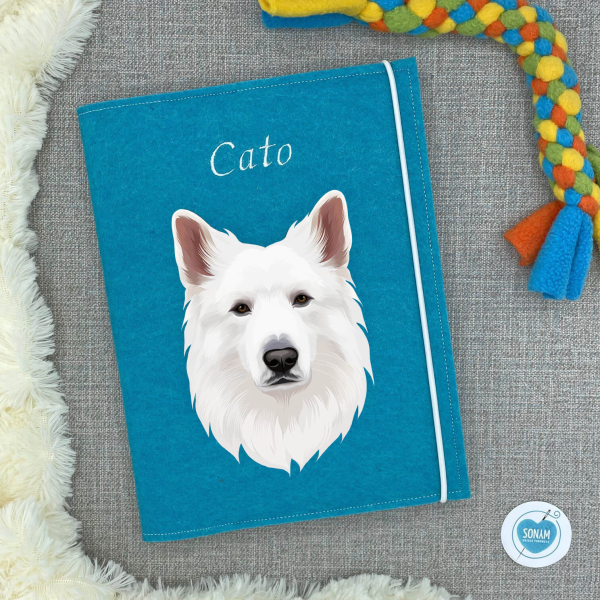 Dokumentenhülle türkis Designbeispiel für den weißen Schäferhund